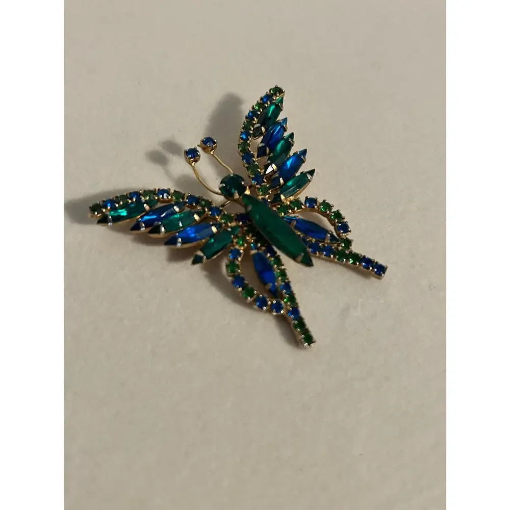 Vintage Gold Tone Blue Green Rhinestone Butterfly Brooch Pin 2.5